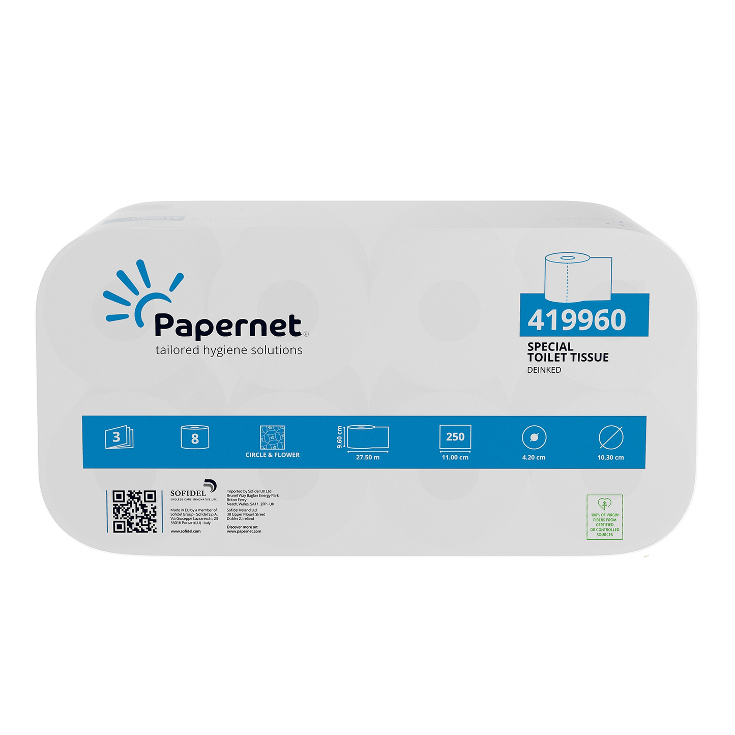 De verpakking voor Papernet toiletpapier 419960, 3-laags | verpakking (8 rollen) van Sofidel Germany GmbH wordt gepresenteerd met het merklogo en het productnummer. Het bevat details zoals 3-laags, 8 rollen per verpakking en 250 vel per rol. Bovendien heeft het een QR-code en certificeringssymbolen die wijzen op de kwaliteit als gerecycled papier (gedeinkt papier).