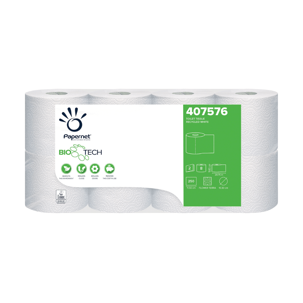 De afbeelding toont een verpakking met acht rollen Papernet toiletpapier met Bio Tech technologie, geproduceerd door Sofidel Germany GmbH. De verpakking wijst op het gebruik van gerecycleerde materialen en is voorzien van milieuvriendelijke symbolen. Met de productcode 407576 benadrukt het zijn biologisch actieve technologie voor het bestrijden van ziekteverwekkende bacteriën.