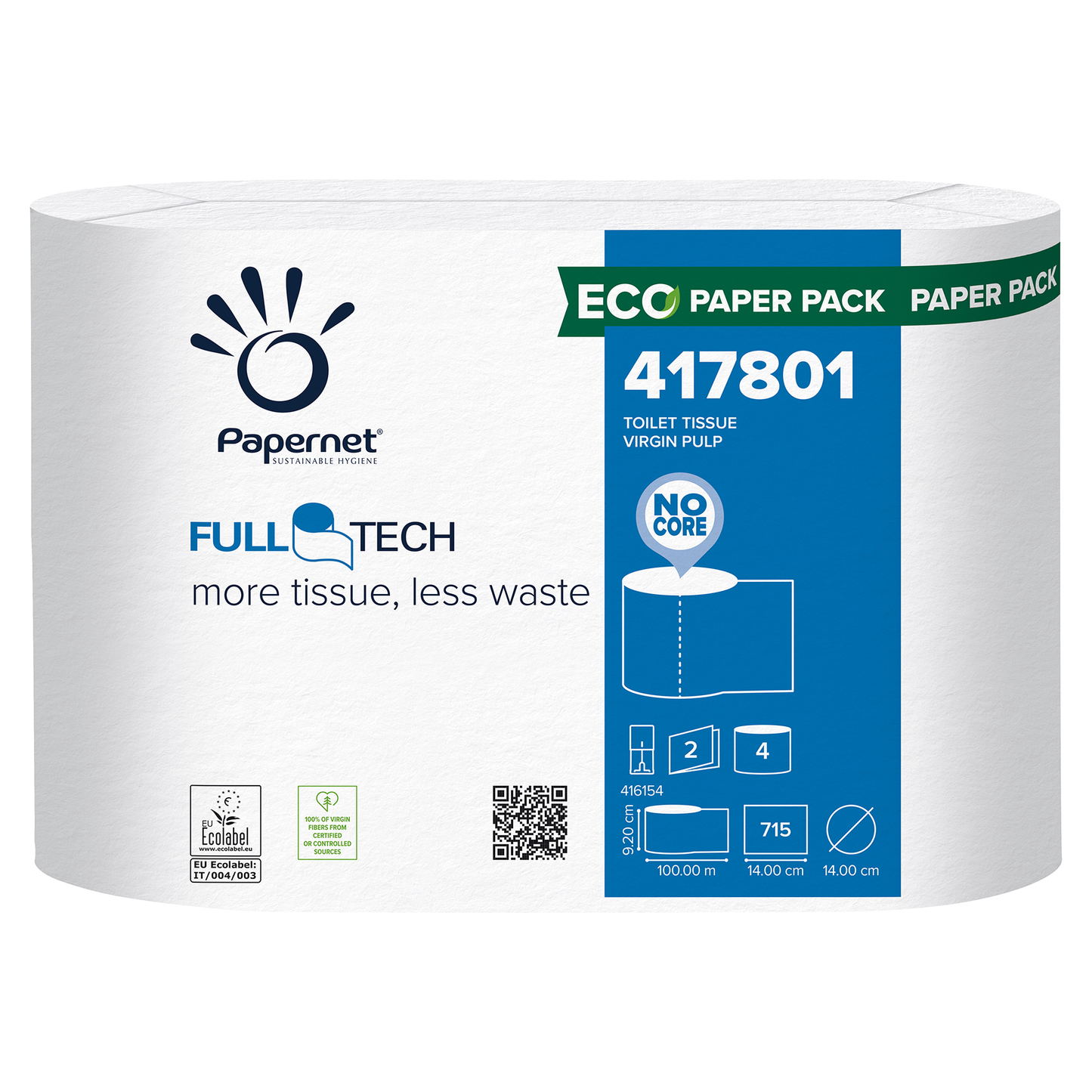 Een pak Papernet toiletpapier met Full Tech-technologie, 417801 - 4 rollen van Sofidel Germany GmbH valt op door zijn tweelaags ontwerp dat meer papier belooft met minder afval. De Eco Paper Pack bevat innovatief antibacterieel verpakkingsmateriaal evenals productspecificaties en een gebruiksvriendelijke QR-code.