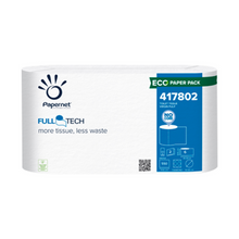 Eine Packung Papernet Toilettenpapier mit Full Tech Technologie von Sofidel Germany GmbH. Die überwiegend weiße Verpackung enthält blaue Details, Produktinformationen und den Code 417802. Sie verfügt über ein Umweltsymbol und einen QR-Code, was die innovative antibakterielle Verpackung unterstreicht.