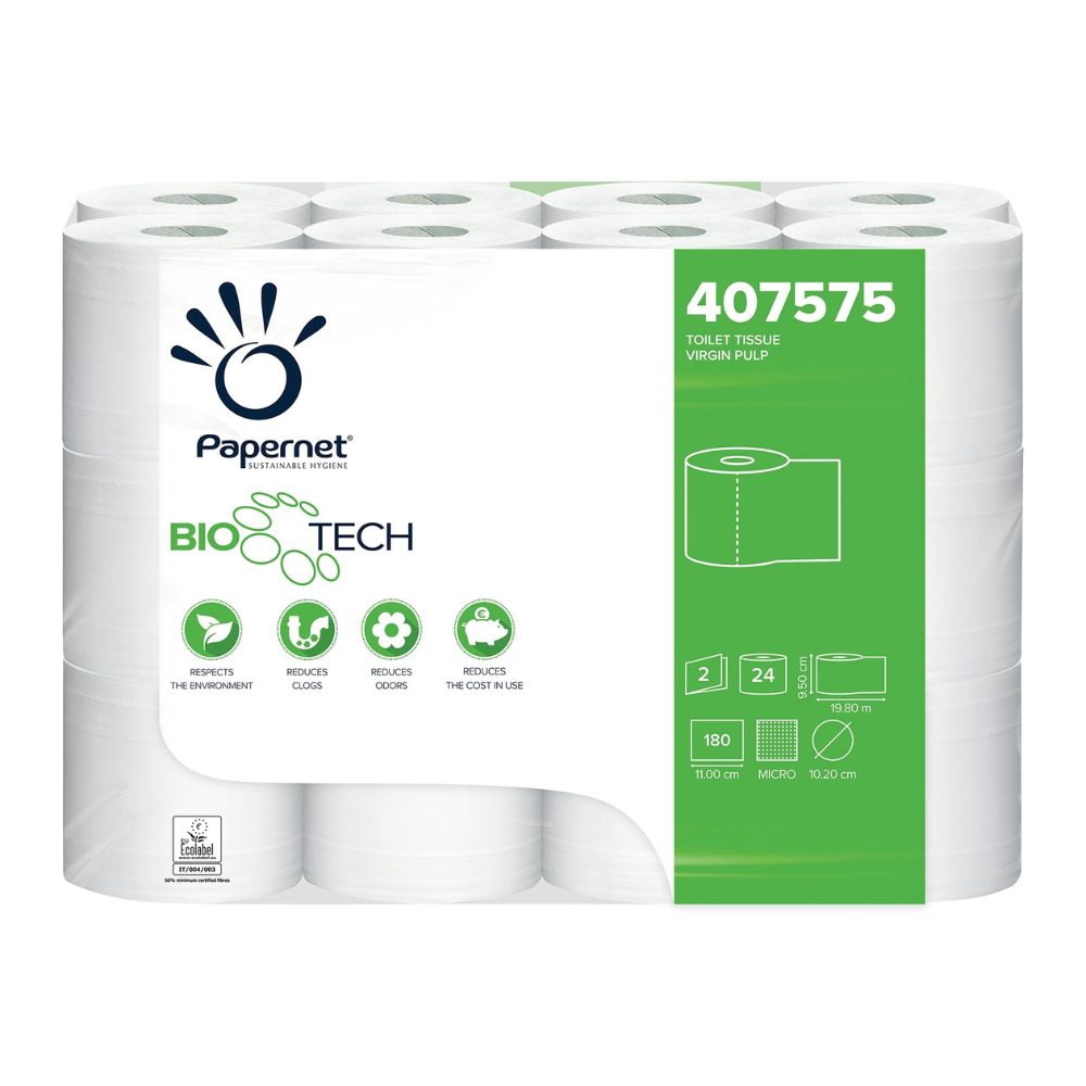 Een verpakking met 24 Papernet 407575 toiletpapierrollen met Bio Tech van Sofidel Germany GmbH biedt een milieuvriendelijk ontwerp en kiemreductie. Elke rol meet 18 cm x 20 m en beschikt over de Biologic-Active-Tissue-Paper-technologie voor een duurzame ervaring.