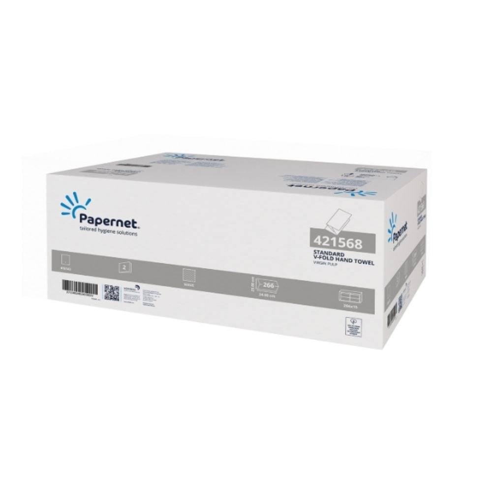 De afbeelding toont een grote, witte, rechthoekige doos met Papernet papieren handdoeken 421568 van Sofidel Germany GmbH met merklogo en productdetails. De doos bevat 3990 doeken in 2-laags V-vouw vorm, verdeeld over 15 verpakkingen, en benadrukt zo efficiënte hygiëneoplossingen.