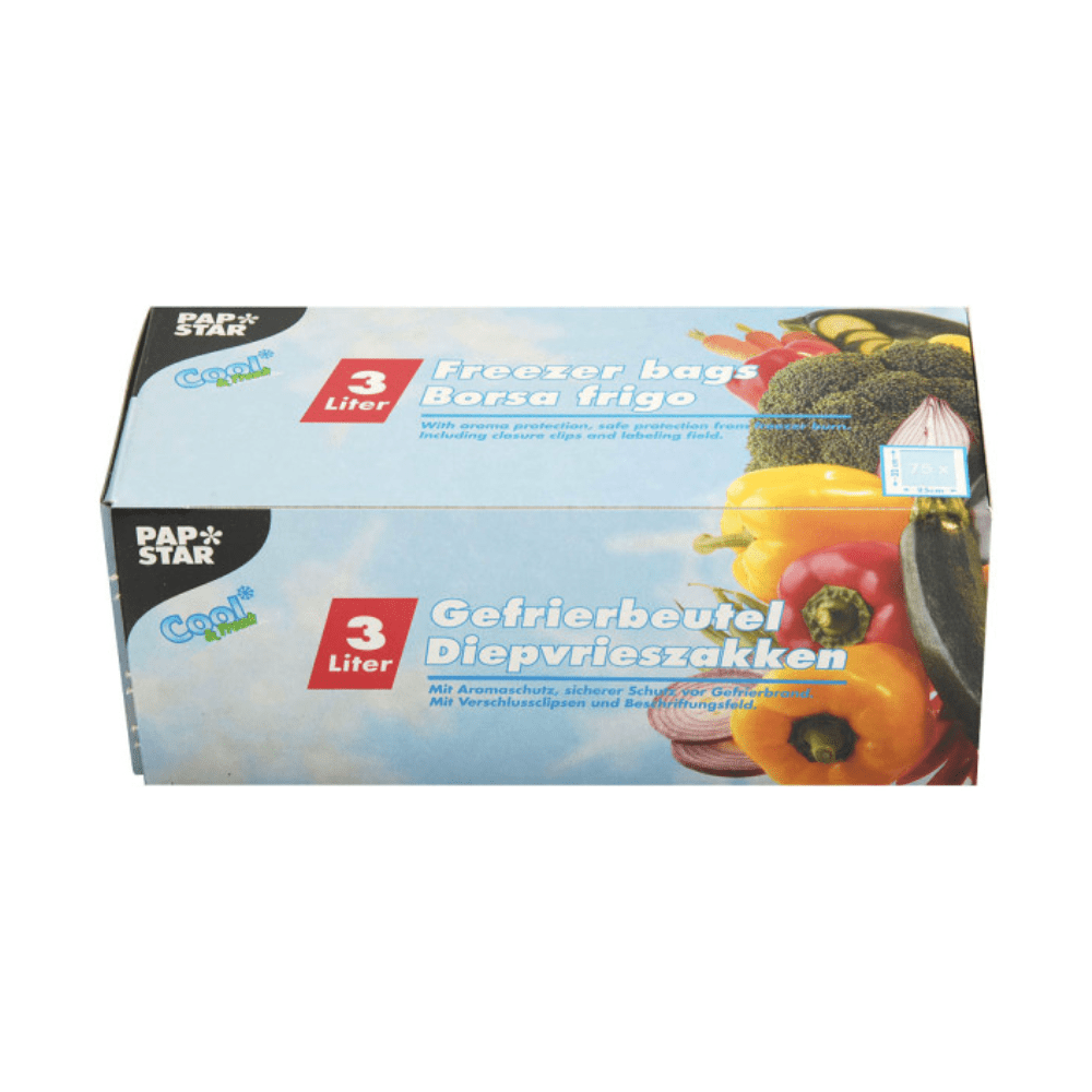 Te zien is een doos met 75 Starpak-diepvrieszakken met een inhoud van 3 liter van LLDPE. Op de verpakking zijn afbeeldingen van verschillende groentesoorten en meertalige teksten te zien, waaronder "Freezer bags", "Gefrierbeutel" en "Borsa frigo".