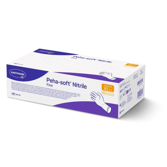 Doos met Peha-soft® nitrile fino wegwerphandschoenen van Paul Hartmann AG, latexvrij en poedervrij, met een wit-paarse verpakking in de maten XS – S. Bevat een afbeelding van een hand met handschoen, barcodes en productinformatie op de zijkanten.