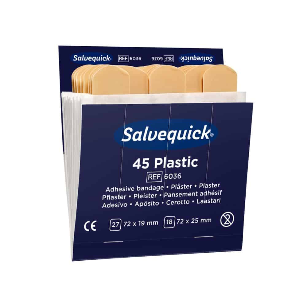 Een doosje pleisters Holthaus Medical Salvequick® navulset Plastic van Holthaus Medical GmbH & Co. KG draagt de opdruk „45 Plastic“ en bevat 45 kunststofpleisters in twee maten: 27 stuks à 72 x 19 mm en 18 stuks à 72 x 25 mm. De blauw-witte doos bevat meertalige tekst en is daarom perfect geschikt als Salvequick navulset.