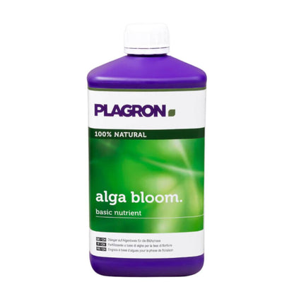 De Plagron Alga Bloom Natuurlijk Plantenvoeding van Bertels B.V. wordt geleverd in een paarse fles met een groen-wit etiket met tekst en grafiek. Met het etiket '100% natuurlijk' is het een ideale basismengeling voor de bloeifase-voeding.