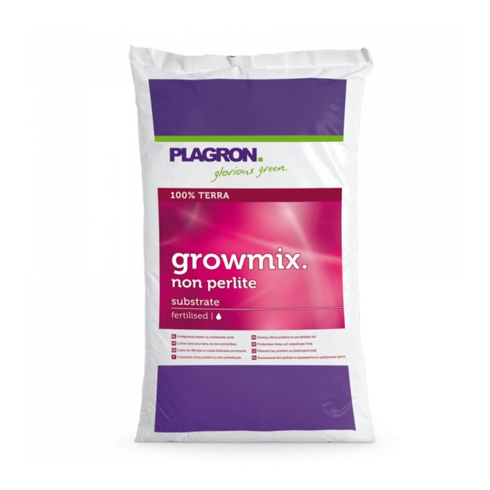 De afbeelding toont een witte zak Plagron Growmix 50 l – zonder perliet van Bertels B.V. met paarse en roze accenten en de tekst „Premium potgrond, voorgemest voor 100 % Terra-bemesting, om gezonde plantengroei te garanderen“.