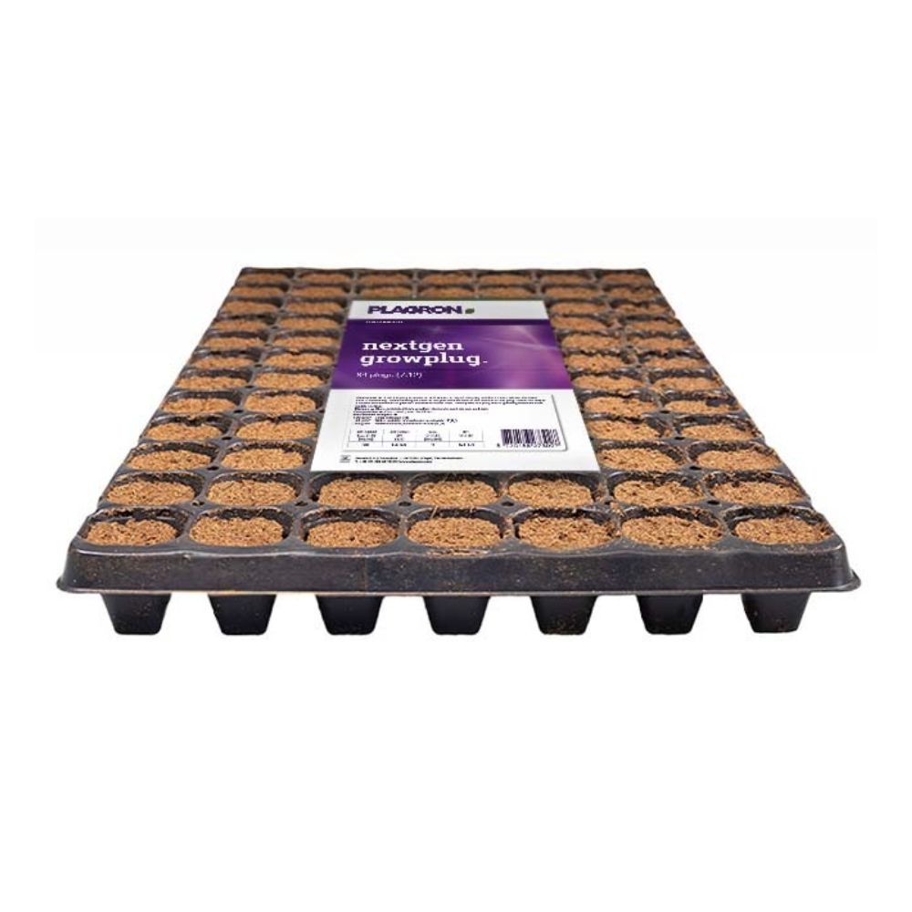 De Plagron NextGen Growplug van Bertels B.V. heeft 84 met aarde gevulde vakken, die verrijkt zijn met kokosvezels voor een betere wortelvorming. Hij heeft een roosterontwerp dat ideaal is voor planten en is aan de bovenkant voorzien van een opvallend productinformatie-etiket.