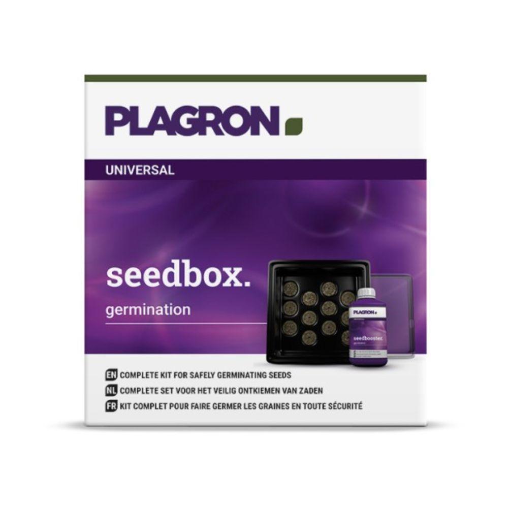 Een doos met het opschrift „Plagron Seedbox – Compacte plantenset voor zaailingen | 1 stuk“ van Bertels B.V. bevat een tray met vakken, een Seedbooster-fles en beschrijvingen in het Engels, Nederlands en Frans op de verpakking.