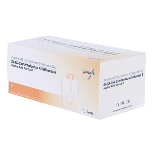 Een doos Pluslife SARS-CoV-2 / Influenza A / Influenza B-testkits (10 tests) voor nucleïnezuurtests bevat 10 tests.