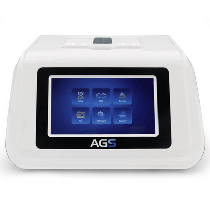 Een realtime PCR-apparaat AGS8830-8 van het merk Altruan met een digitale display die opties voor DNA, RNA, grootte, configuratie en ondersteuning op het scherm toont, ingesloten in een witte behuizing.