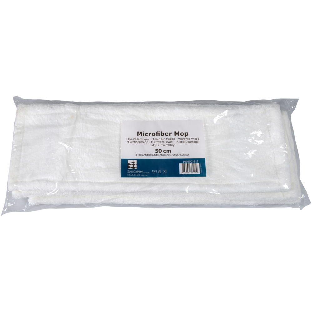 Afgebeeld is een verpakte microvezelmop standaard, wit van Abena Re-Seller GmbH met een lengte van 50 cm in een doorzichtige kunststofhoes met een productetiket dat de naam, de grootte en informatie over duurzame reiniging bevat.