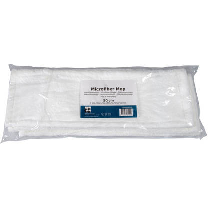 Afgebeeld is een verpakte microvezelmop standaard, wit van Abena Re-Seller GmbH met een lengte van 50 cm in een doorzichtige kunststofhoes met een productetiket dat de naam, de grootte en informatie over duurzame reiniging bevat.