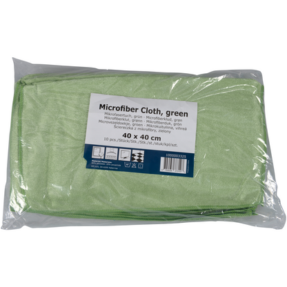 Een verpakking van 10 Abena Re-Seller GmbH microvezeldoek Shiny-Stretch doeken, elk 40x40 cm, is gevouwen en verzegeld in een doorzichtige plastic zak met meertalige beschrijving.