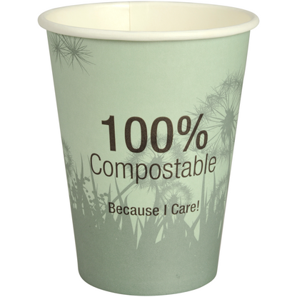 De koffiebeker Composteerbaar "Dandelion" van Abena Re-Seller GmbH is een groene beker met de opdruk "100% Compostable Because I Care!" en een subtiel paardenbloemmotief op de achtergrond.