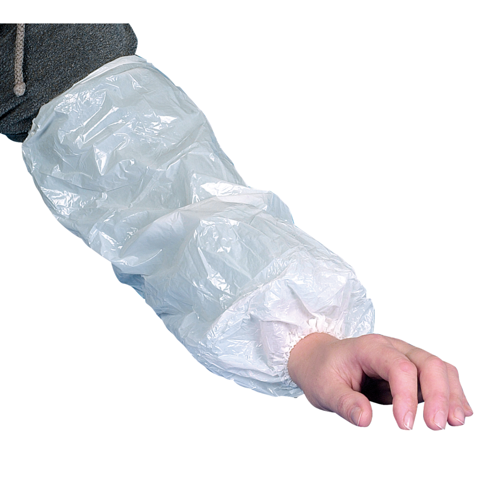 Abgebildet ist ein Arm mit einem Abena Re-Seller GmbH Ärmelschoner, 40 cm, 20 my PE, Weiß, mit Gummizug am Handgelenk und Oberarm zum Schutz von Kleidung und Haut. Packung: 100 Paare.