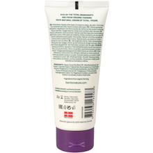 Auf einer weißen Plastiktube mit lila Kappe steht grüner Text mit Hinweisen, Vorsichtsmaßnahmen, Inhaltsstoffen, Zertifizierungen und Kontaktinformationen. In der Mitte des Etiketts steht "bamfordnature.com". Die Bambo Nature Pflegecreme der Abena Re-Seller GmbH ist farb- und parfümfrei.