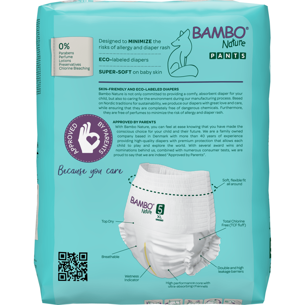 Een pak Bambo Nature Pants, maat 5, van Abena Re-Seller GmbH kenmerkt zich door milieuvriendelijke luiers met milieulabels, die ademend zijn en een flexibele pasvorm hebben. De belangrijkste kenmerken staan afgebeeld op de teal-kleurige verpakking.