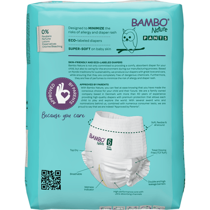Achterkant van een teal-kleurige Bambo Nature Pants (maat 6 XXL) van Abena Re-Seller GmbH, met ecolabel voor milieuvriendelijke en huidvriendelijke luiers, superzacht, minimaliseert allergieën, en toont een luierafbeelding.