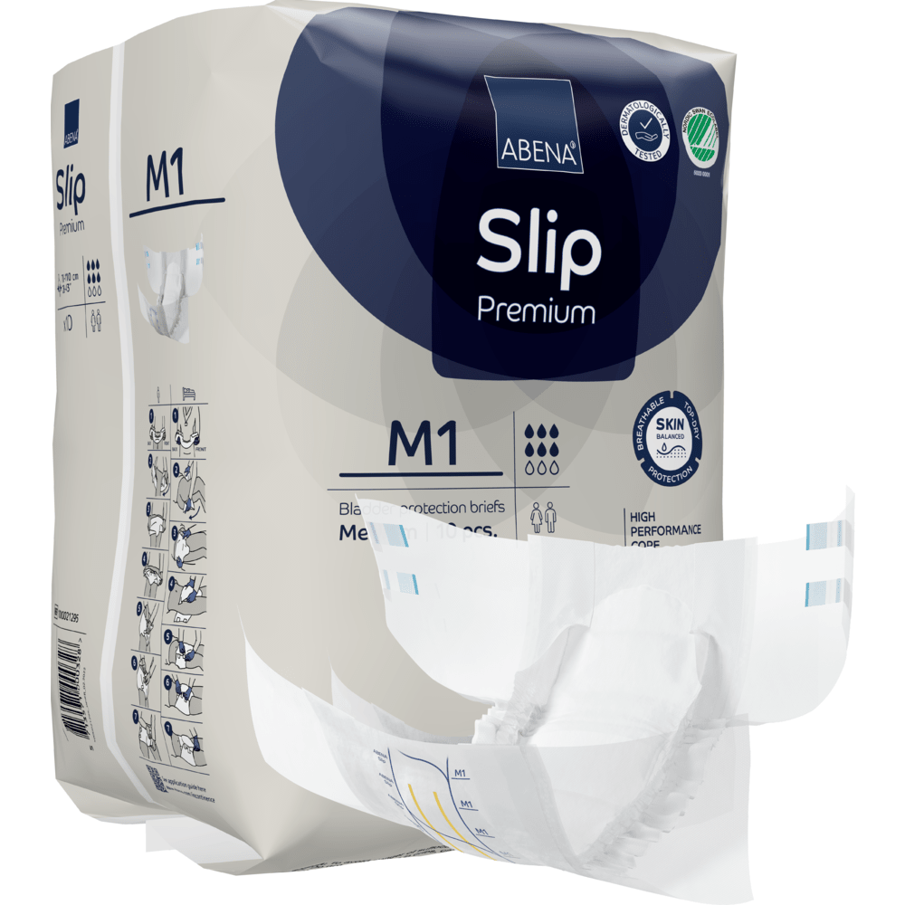 Een verpakking van ABENA Slip Premium van Abena Re-Seller GmbH wordt getoond, waarbij een slip gedeeltelijk is verwijderd om het ontwerp te laten zien. De verpakking benadrukt productdetails en pictogrammen voor de belangrijkste kenmerken.