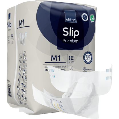 Een verpakking van ABENA Slip Premium van Abena Re-Seller GmbH wordt getoond, waarbij een slip gedeeltelijk is verwijderd om het ontwerp te laten zien. De verpakking benadrukt productdetails en pictogrammen voor de belangrijkste kenmerken.