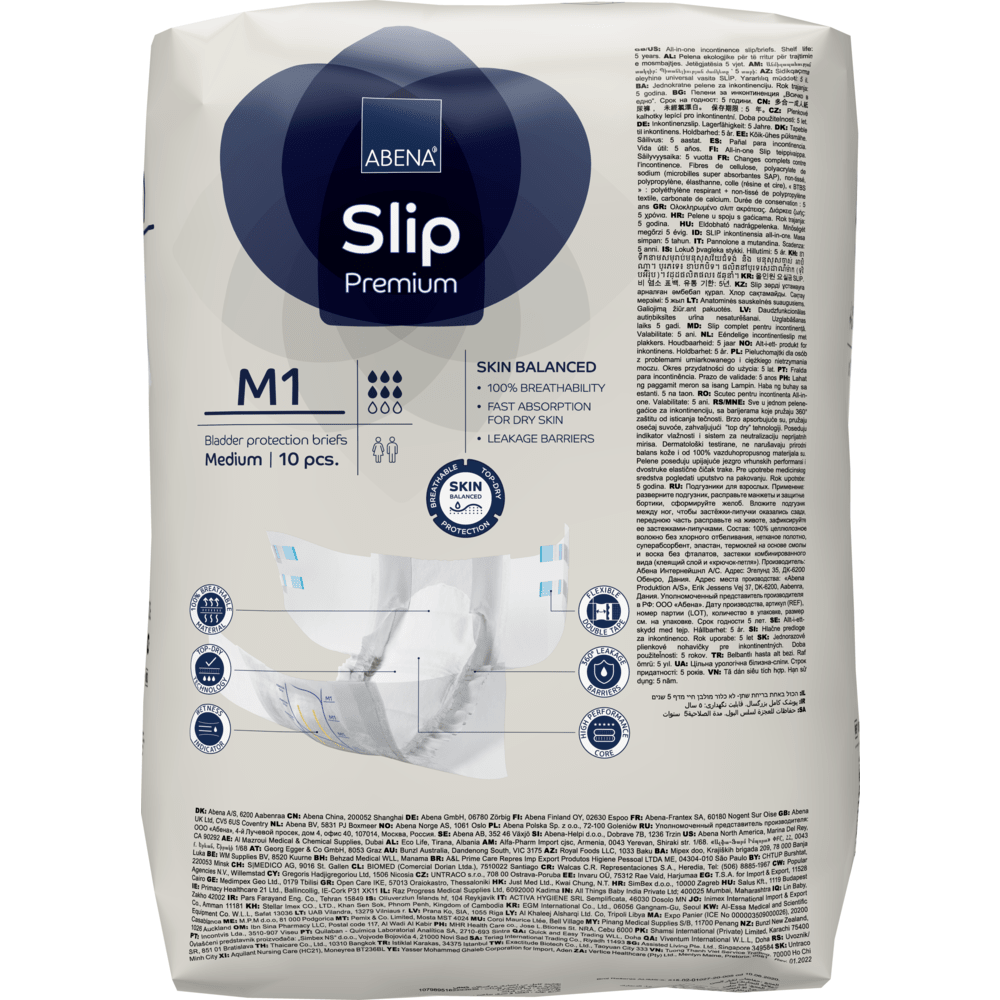 Een verpakking ABENA Slip Premium van Abena Re-Seller GmbH, middelgrote maat, 10 stuks. Ontwikkeld voor incontinentiezorg met meertalige verpakking die kenmerken, certificeringen en gebruiksaanwijzingen bevat.