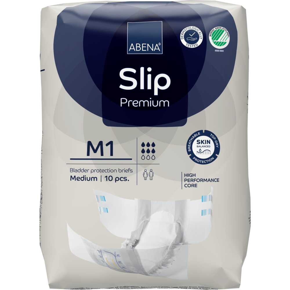 ABENA Slip Premium van Abena Re-Seller GmbH, middelgrote maat, 10-pack. Ontwikkeld voor incontinentiezorg met een hoogpresterende kern en geavanceerde huidbescherming, zoals op de verpakking aangegeven.