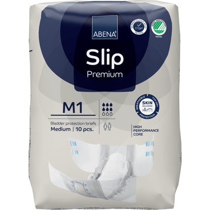ABENA Slip Premium van Abena Re-Seller GmbH, middelgrote maat, 10-pack. Ontwikkeld voor incontinentiezorg met een hoogpresterende kern en geavanceerde huidbescherming, zoals op de verpakking aangegeven.
