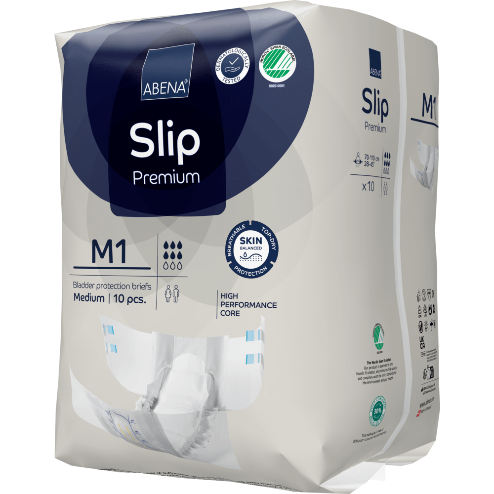 Een verpakking ABENA Slip Premium van Abena Re-Seller GmbH, maat M1 (medium), bevat 10 stuks en onderscheidt zich door huidvriendelijke materialen en een krachtige kern voor effectieve incontinentiebescherming.