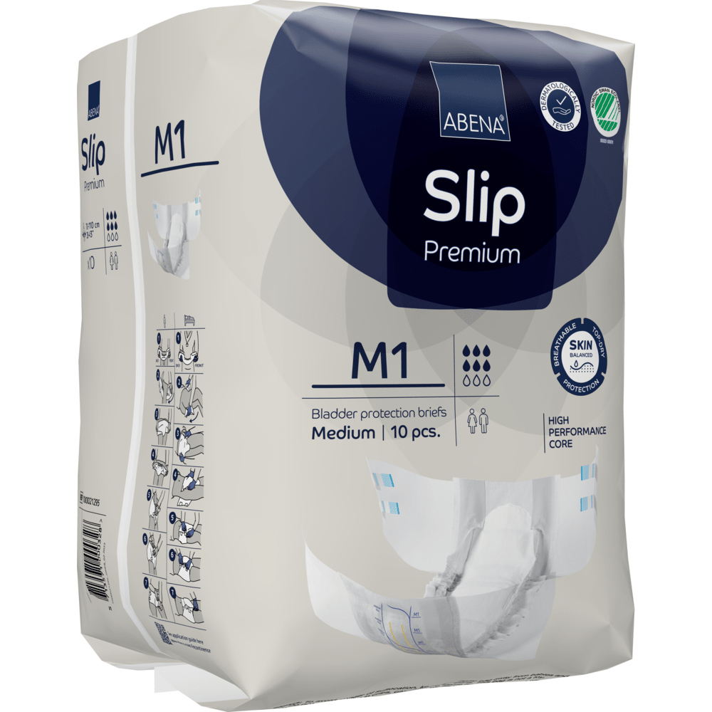 De 10-pack ABENA Slip Premium van Abena Re-Seller GmbH, maat medium, onderscheidt zich door huidvriendelijk materiaal, een krachtige kern en een geïllustreerde handleiding voor optimale incontinentiezorg.