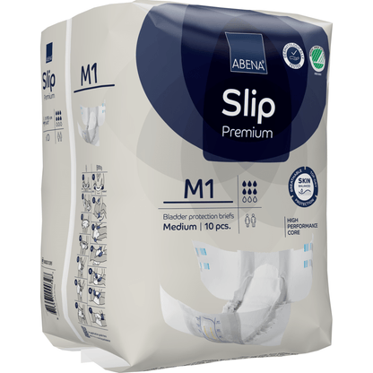 De 10-pack ABENA Slip Premium van Abena Re-Seller GmbH, maat medium, onderscheidt zich door huidvriendelijk materiaal, een krachtige kern en een geïllustreerde handleiding voor optimale incontinentiezorg.