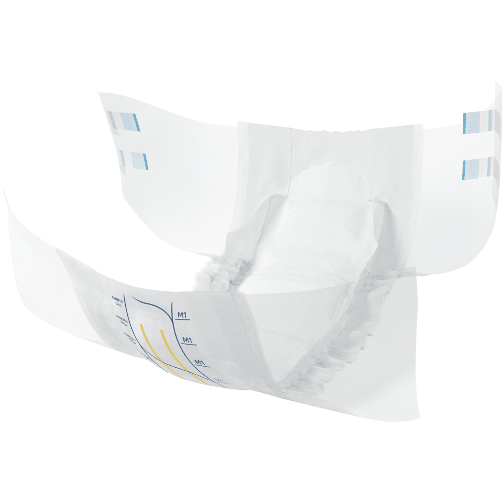 De ABENA Slip Premium van Abena Re-Seller GmbH beschikt over elastische beenopeningen, zijsluitingen met kleefstrips en blauw/gele indicatorlijnen, die open en geïsoleerd op een witte achtergrond worden weergegeven om optimale incontinentiezorg te garanderen.