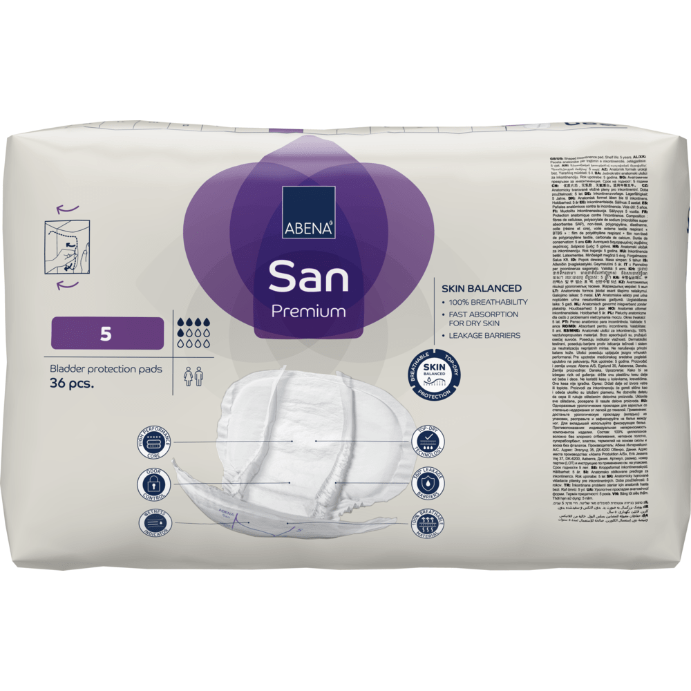Een verpakking ABENA San Premium van Abena Re-Seller GmbH, maat 5, bevat 36 incontinentie-inleggers met hoge absorptie, huidbalans, snelle absorptie en sterke lekbarrière.