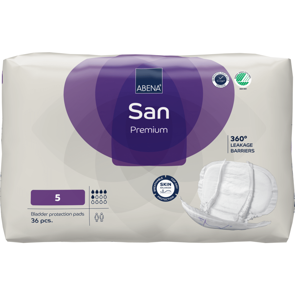 Een verpakking ABENA San Premium van Abena Re-Seller GmbH, maat 5 incontinentiebescherming, met 36 stuks. De overwegend witte en paarse verpakking toont een tamponafbeelding en iconen voor hoge absorptie, 360° lekbescherming en huidbescherming.