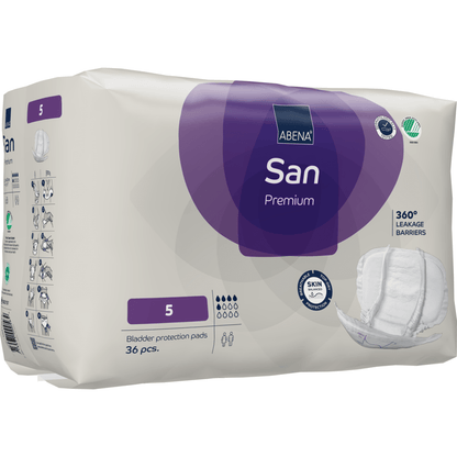 Een verpakking ABENA San Premium van Abena Re-Seller GmbH, maat 5, bevat 36 stuks. De overwegend witte en paarse verpakking met productafbeeldingen en -symbolen biedt een hoge absorptie voor optimale incontinentiebescherming.
