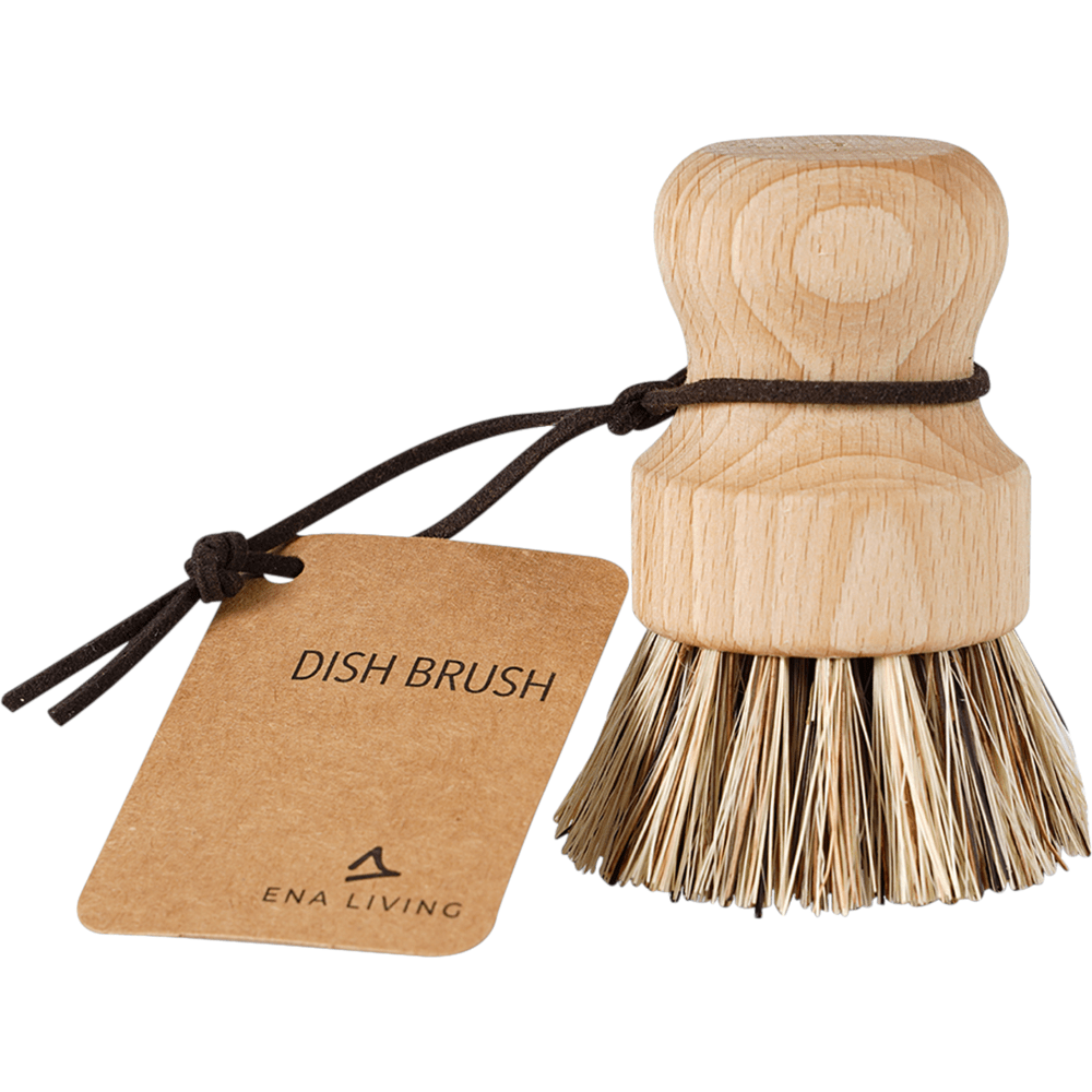 De ENA Living potborstel met harde borstelharen van Abena Re-Seller GmbH in karton (12 verpakkingen) heeft een korte, ronde handgreep en een bruine koord met "DISH BRUSH"-label - ideaal voor de effectieve reiniging in de keuken.