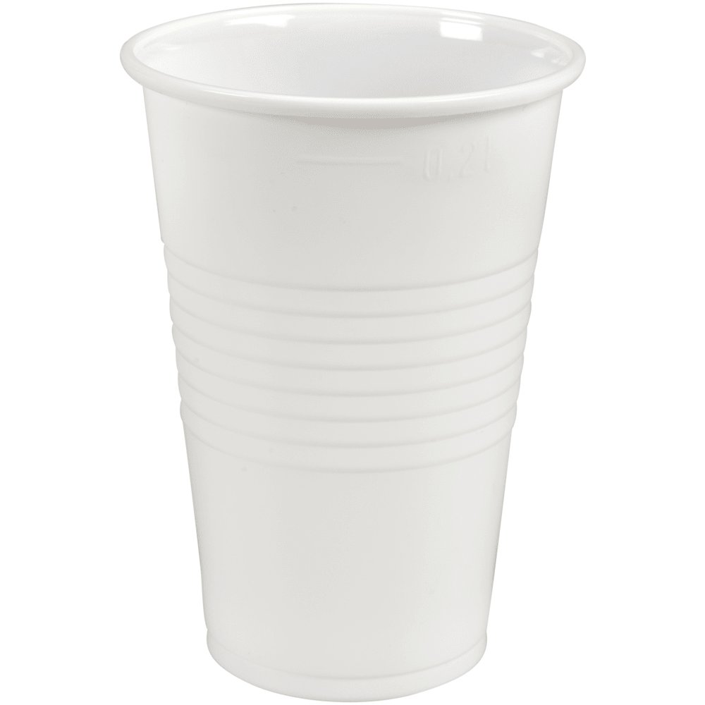 Een witte drinkbeker van Abena Re-Seller GmbH (PP, 20 cl), met horizontale ribbels, staat rechtop op een eenvoudige witte achtergrond. Verpakking: 100 stuks.