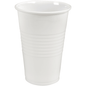Een witte drinkbeker van Abena Re-Seller GmbH (PP, 20 cl), met horizontale ribbels, staat rechtop op een eenvoudige witte achtergrond. Verpakking: 100 stuks.