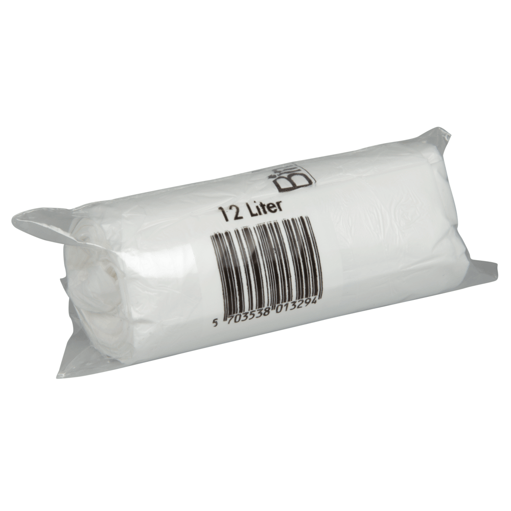 Een rol Abena Re-Seller GmbH Bin Line zakken 12 L, 400x570 mm, 10 my wit LLDPE (20 zakken) wordt geleverd in een transparante verpakking met het opschrift "12 L" en een barcode op de verpakking.
