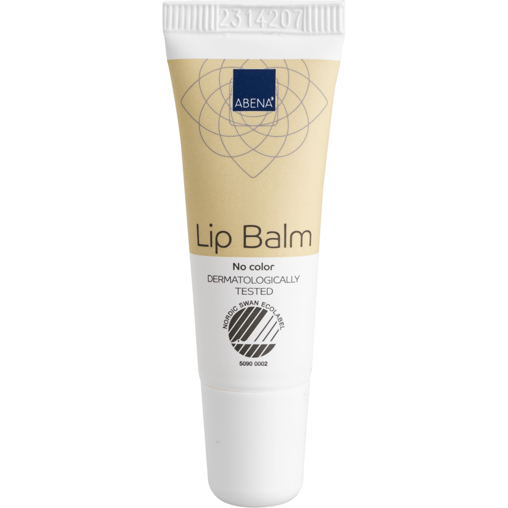 De beige-witte 10-ml-tube van de Abena Re-Seller GmbH lippenbalsem met witte dop en de opdruk "No color", "DERMATOLOGISCH GETEST" en het Nordic Swan Ecolabel hydrateert voor zachte, gezonde lippen. Verkrijgbaar als doos (300 verpakkingen).