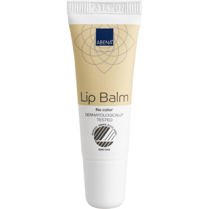 De beige-witte 10-ml-tube van de Abena Re-Seller GmbH lippenbalsem met witte dop en de opdruk "No color", "DERMATOLOGISCH GETEST" en het Nordic Swan Ecolabel hydrateert voor zachte, gezonde lippen. Verkrijgbaar als doos (300 verpakkingen).