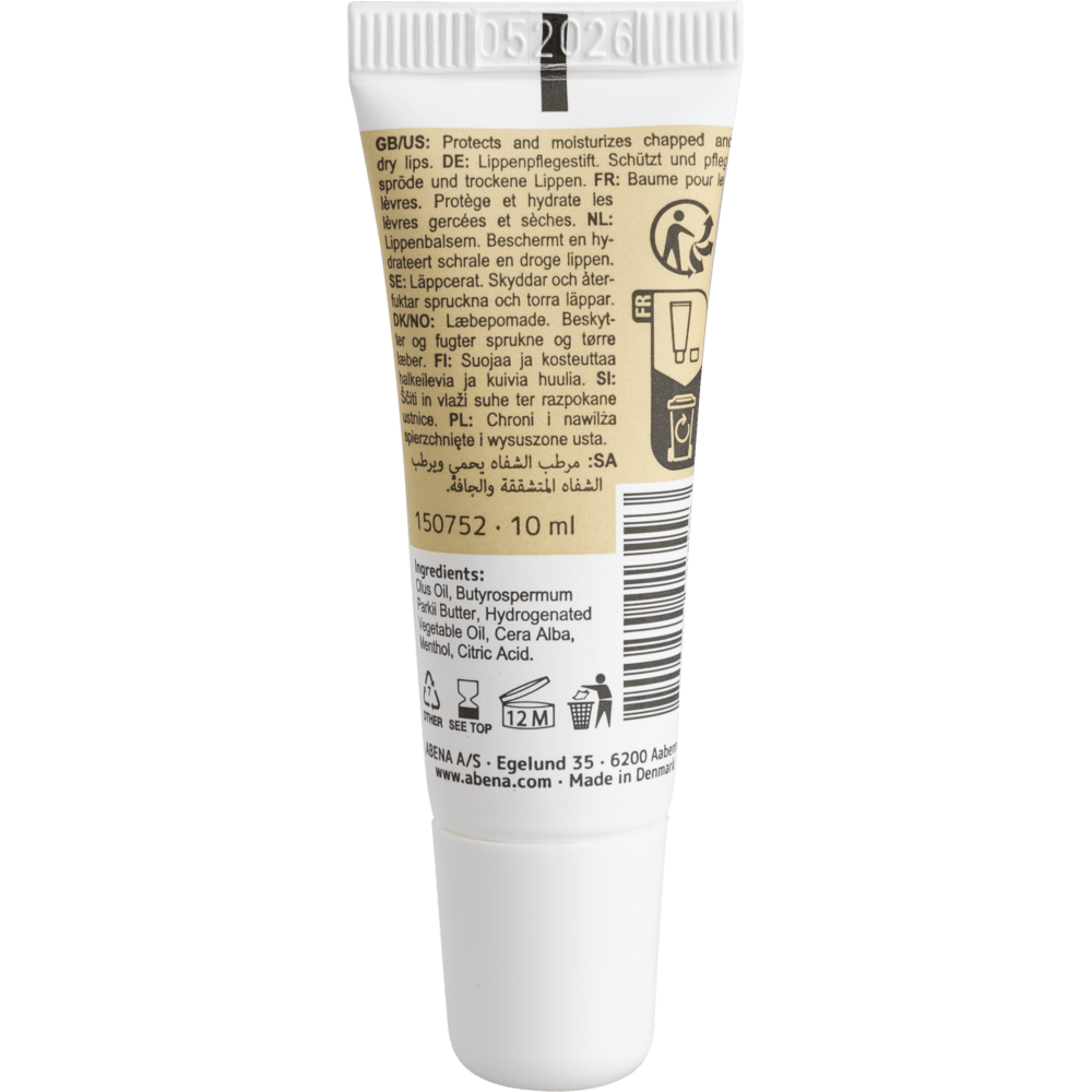 De witte 10-ml-tube van de Abena Re-Seller GmbH lippenbalsem met beige etiket bevat productinformatie, gebruiksinstructies in meerdere talen, ingrediënten, symbolen, een witte dop en de vervaldatum "05 2026" aan de bovenzijde; verkrijgbaar in dozen van 300 stuks.