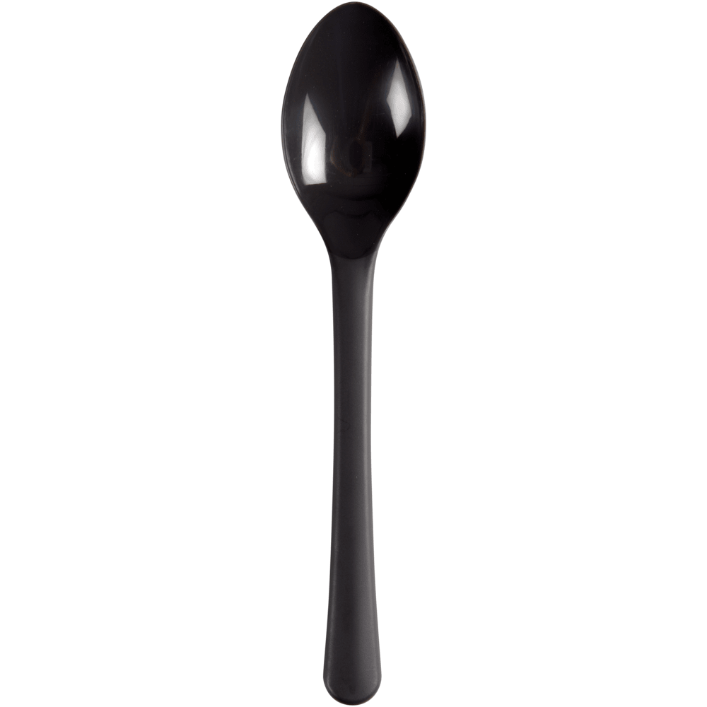 Een zwarte herbruikbare lepel (18,5 cm) van PP van Abena Re-Seller GmbH (verpakking met 50 stuks) ligt op een witte achtergrond. Dit milieuvriendelijke bestek is ideaal voor duurzaam, dagelijks gebruik.