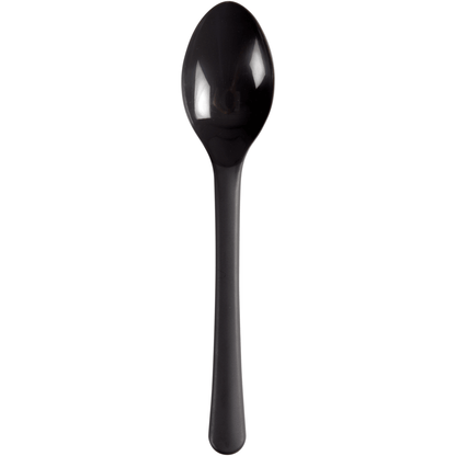 Een zwarte herbruikbare lepel (18,5 cm) van PP van Abena Re-Seller GmbH (verpakking met 50 stuks) ligt op een witte achtergrond. Dit milieuvriendelijke bestek is ideaal voor duurzaam, dagelijks gebruik.