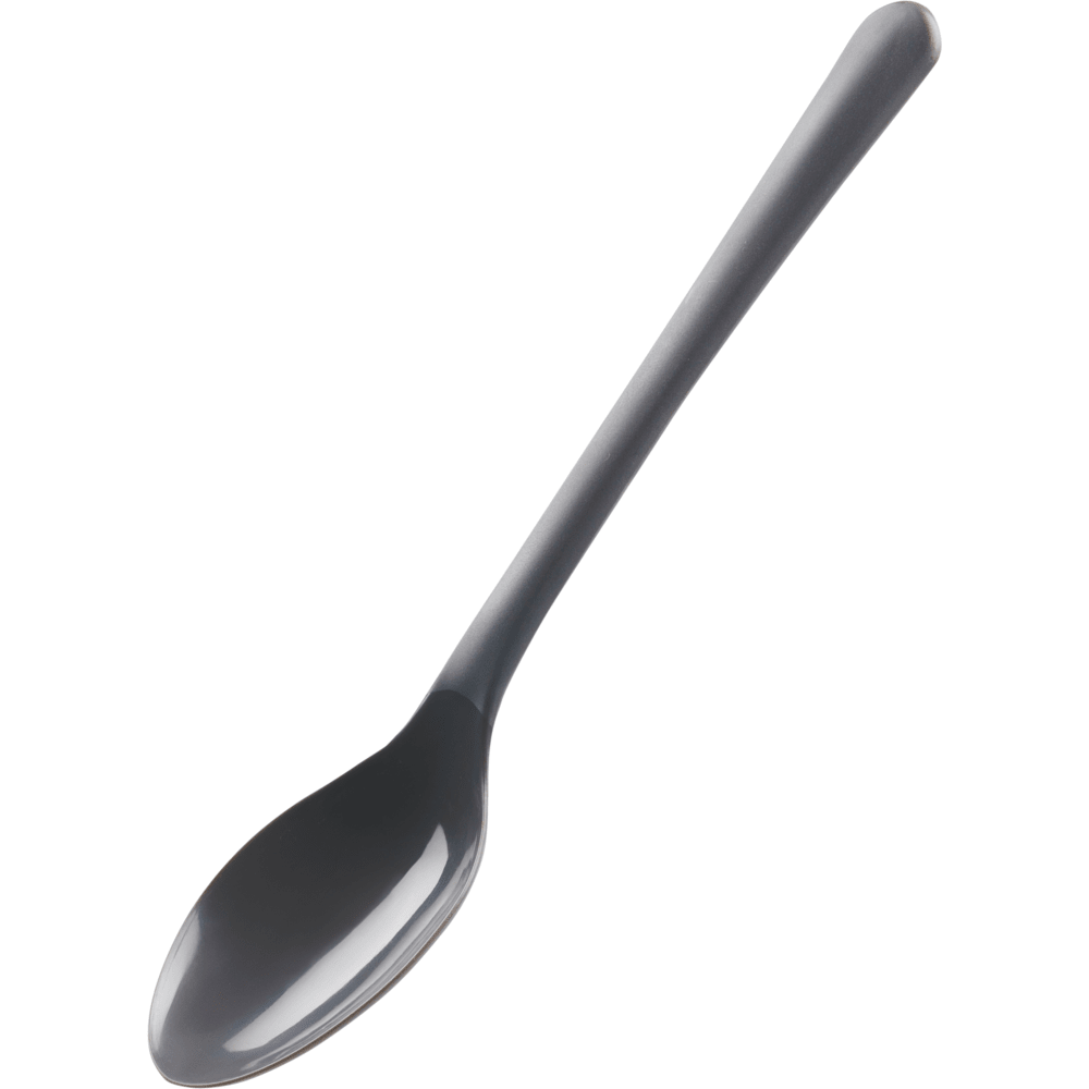 Een herbruikbare lepel (18,5 cm, zwart, PP) van Abena Re-Seller GmbH uit een verpakking van 50 stuks ligt met licht gebogen handvat schuin op een eenvoudige witte achtergrond.