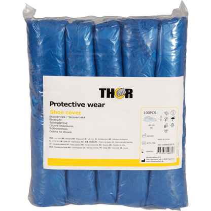 Een doorzichtige plastic verpakking met 100 blauwe wegwerp-PE-schoenovertrekken (41x15 cm), gelabeld met "Uitloopartikel: Thor overschoenen" van Abena Re-Seller GmbH, met productinformatie en vertalingen aan de voorkant.