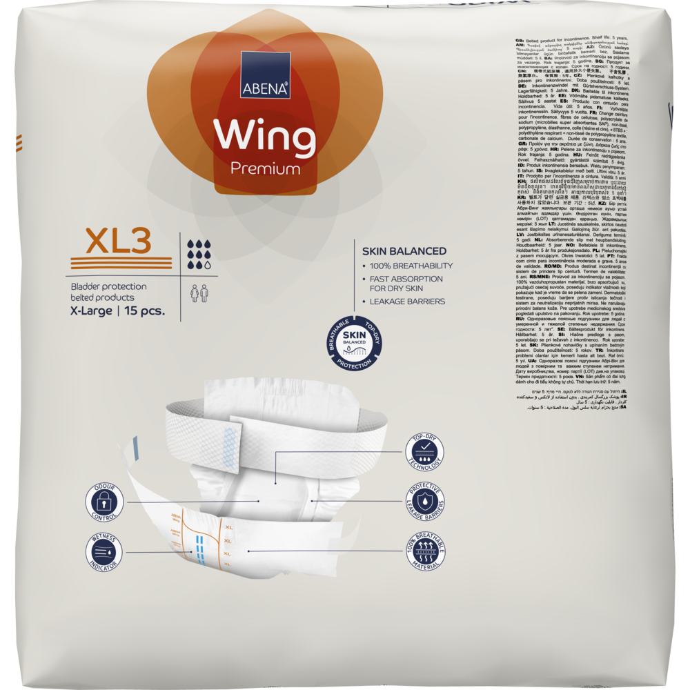 Eine Packung ABENA Wing Premium XL3 der Abena Re-Seller GmbH enthält 15 extragroße Slips mit Bildern und Symbolen, die den ultimativen Schutz, das Gleichgewicht der Haut und die schnelle Absorption betonen.