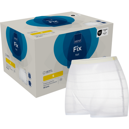Eine Schachtel mit der Aufschrift "Fixierhosen, ABENA Fix, Net" der Abena Re-Seller GmbH enthält 50 weiße, latexfreie Inkontinenzhosen der Größe Small, von denen ein Paar außerhalb der Verpackung abgebildet ist.