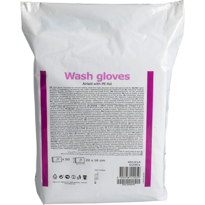 Eine weiße Packung mit der Aufschrift "Waschhandschuhe" in lila Schrift der Abena Re-Seller GmbH enthält 50 Airlaid/PE-Einmalhandschuhe im Format 16 x 23 cm - ideal für den hygienischen, komfortablen Einsatz.