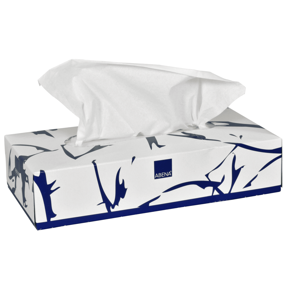 Een rechthoekige doos van Abena Re-Seller GmbH cosmetische tissues, 2-laags, 19,5x20 cm, hoogwit (verpakking van 100 stuks), toont een wit en blauw ontwerp met een zakdoek die gedeeltelijk uit het deksel wordt getrokken.